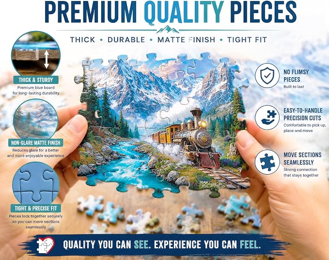 Adult Jigsaw Puzzle 1000 Piece Mountain Express | Features a steam locomotive thundering down the train tracks. Challenging 20x27 inch finished display.