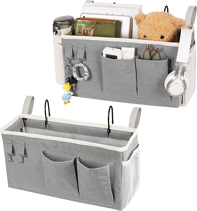 Bedside Caddy, Bedside Storage Bag Hanging Organizer for Bunk Dorm Bed Rail | Bed Caddy with Hooks, Top Bunks and Dorm Essentials for Water, Tissues, Tablets, Books, Phones, Remotes and Other Necessories
