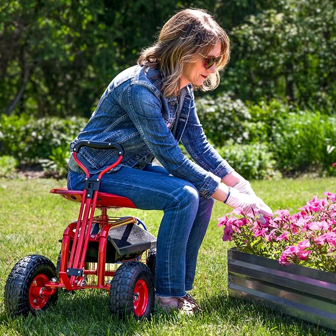 Sunnydaze Garden Seat with Wheels and Adjustable Handle, Red | Steel Rolling Gardening Seat with Utility Tray for Storage, Rotating, Swiveling Motion