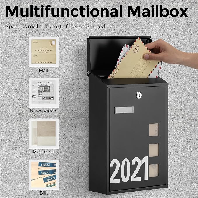 LAND·VOI Wall Mounted Mailbox with 4 Keys, Post Box for Wall and Fence, Viewing Windows, Nameplate, 3.94 x 9.8 x 15.6 Inches, Large Capacity, Includes Mailbox Numbers, Matt Black, AMB31B