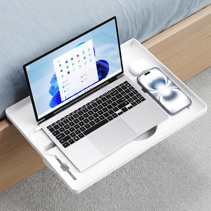 JOYMOOP Clip-On Bedside Shelf for Bunk Beds, Dorm Room Essentials, Bedside Caddy, No-Tool Install Bed Side Table Storage for Loft, Platform Beds, Nightstand Caddy for Phone, Glasses, Book (White)