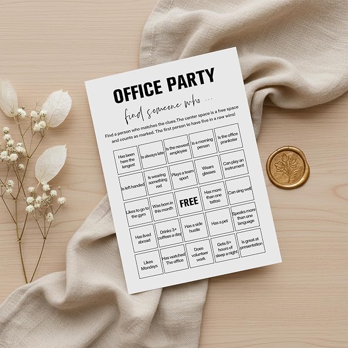 Find Someone Who Bingo Cards, 25 Unique Randomized 5x7 Sheets, Get to Know You Bingo Game for Adults, Ice Breaker Office Party Games, Team Building Games for Work, High Replay Value - B005
