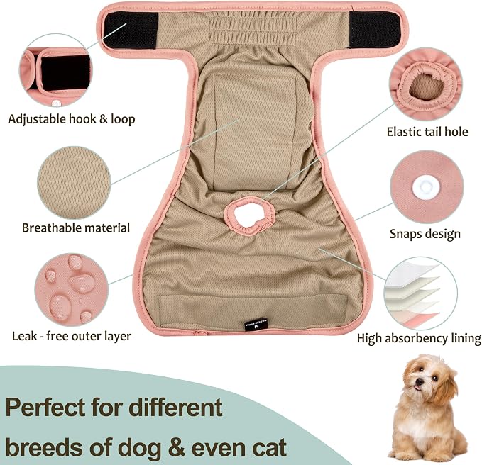 Washable Female Dog Diapers - Premium Reusable Diapers for Doggie in Heat - Highly Absorbent Dog Diapers Female for Pet Incontinence with Adjustable Snaps (Pink, S)