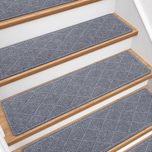 Stair Treads for Wooden Steps 15 PCS, Non Slip Stair Rugs Grey | 8x30in Self-adhesive Stair Runner Strips, Machine Washable, Indoor Carpet for Stairs, Stair Protection for Kids Pets Elderly