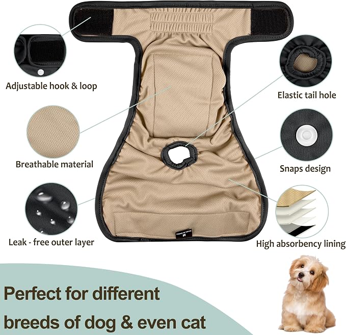 Female Dog Diapers 5Pcs - Premium Reusable Diapers for Doggie in Heat - Highly Absorbent Dog Diapers Female for Pet Incontinence with Adjustable Snaps, Black, L