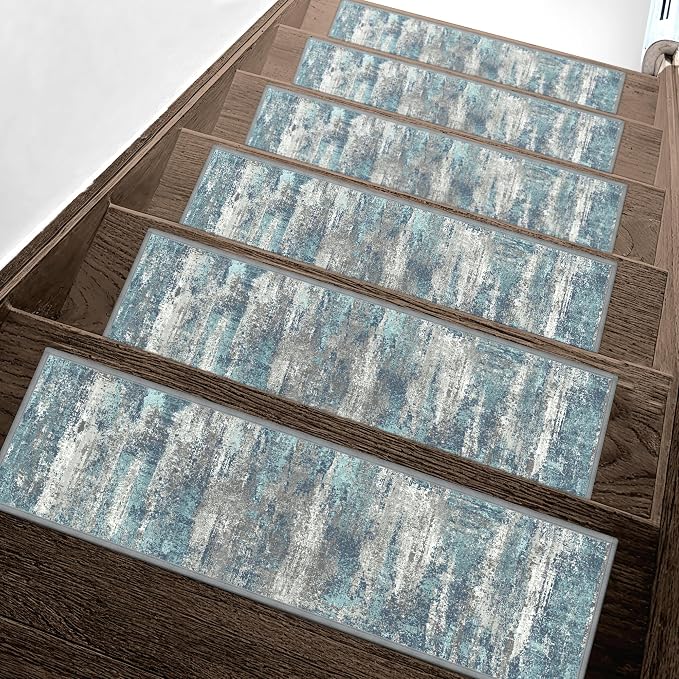 sarben Carpet Stair Treads Non Slip 4PCS, 8" X 30" Edging Stair Runner for Wooden Steps Indoor, Resistant Stair Rugs with Reusable TPE Adhesive Backing, Residue Free Mat for Kids, Elders, Pets, Teal