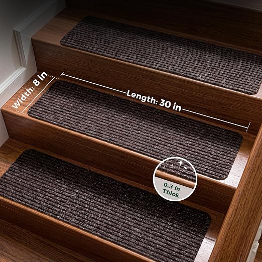 MBIGM 8" x 30" Non Slip Carpet Stair Treads Indoor (4 Pack), Non Skid Stair Rugs for Stairs, Slip Resistant Stair Runner for Kids, Seniors & Pets, Reusable Adhesive, Brown