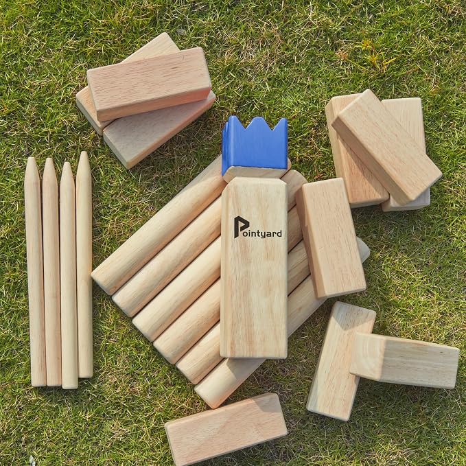 Kubb Yard Game Set Viking Chess Outdoor Hevea Hardwood Toss Game for Adults & Families - with 10 Blocks, 6 Batons, Carrying Bag | Perfect for Backyard Lawn Beach Party BBQ Camping