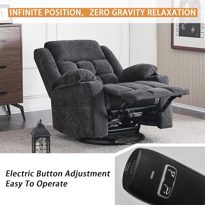 Ketaiyou Power Swivel Rocker Recliner Chair for Adults with Massage and Heat, USB and Type-C Ports, Infinite Position, Electric Glider Reclining Single Sofa Chair for Living Room (Dk Gray)