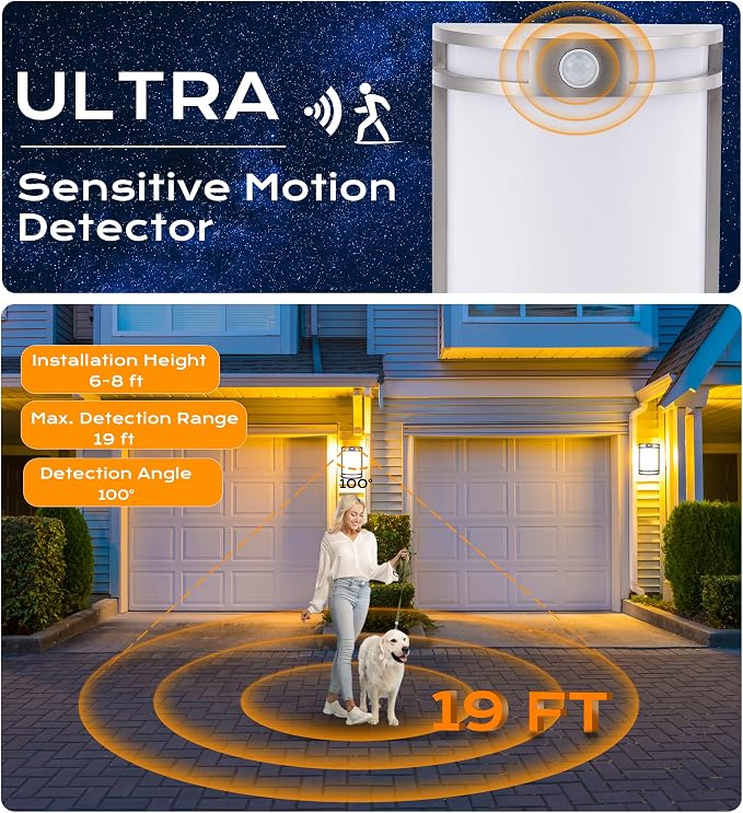 CLOUDY BAY Indoor/Outdoor Motion Sensor LED Wall Light,120V 15W 1000LM Porch Light,3000K/4000K/5000K Selectable,Wet Location,Brushed Nickel