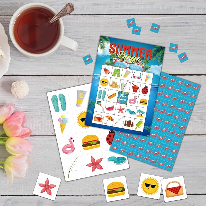Summer Bingo Games - Hawaiian Luau Bingo Card - 24 Players Beach Bingo Game Set for Adult Family Friends - School Classroom Outdoor Activities - Tropical Summer Party Favors Supplies -C05