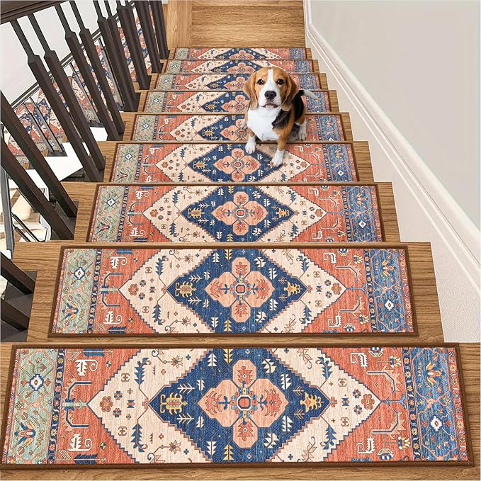 Lahome Stair Treads Non Slip 15 Pack 8" X 30" Stair Treads for Wooden Steps, Washable Self Adhesive Stair Runners Stain Resistant Stair Carpet, Edging Stair Rug for Kids, Elders and Dogs Dorie, Rust