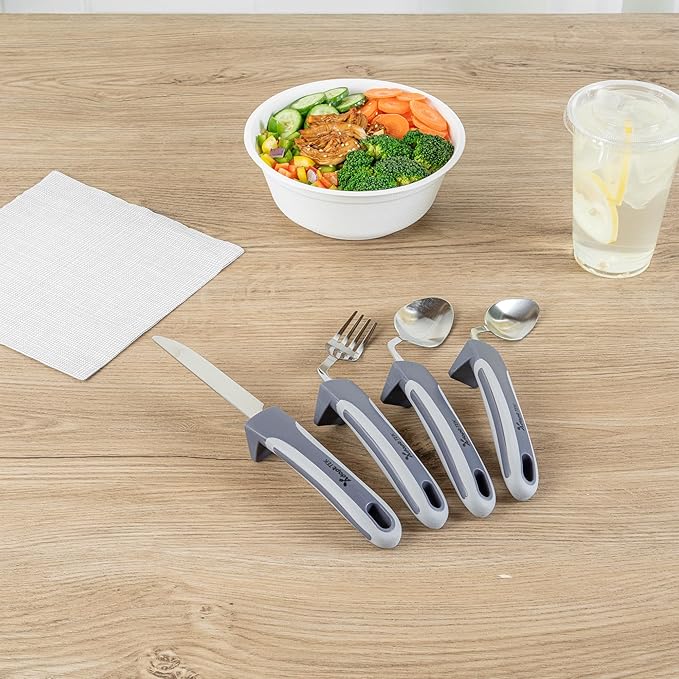 Restaurantware Adaptive Cutlery Set - 1 Set 9.84 x 5.12 x 1.57 Inches - Non-Slip Ergonomic Dining Utensils With Textured Handle - Stainless Steel Gray