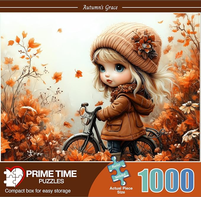 Adult Jigsaw Puzzle 1000 Piece Autumn Scene | Features a girl with a bicycle amid colorful fall leaves. Great for game nights on a table, puzzleboard, or floor.