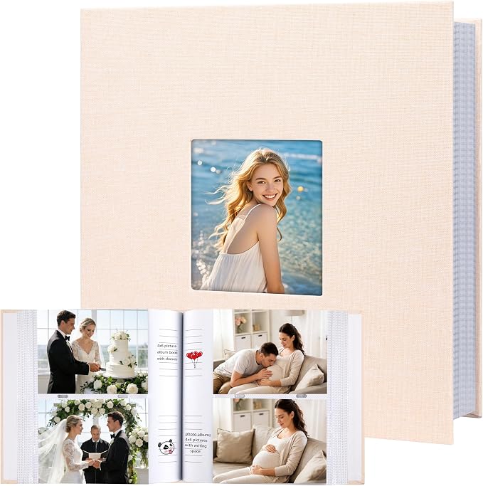 4x6 Photo Album Holds 240 Photos with Writing Space, Linen Cover Picture Book with Front Window for Family Wedding Baby Travel & Graduation Memories, Beige