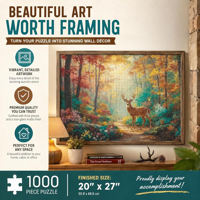 Adult Jigsaw Puzzle 1000 Piece Deer Dreams | Features a majestic whitetail buck in a fall forest scene. Great for game nights on a table, puzzleboard, or floor.