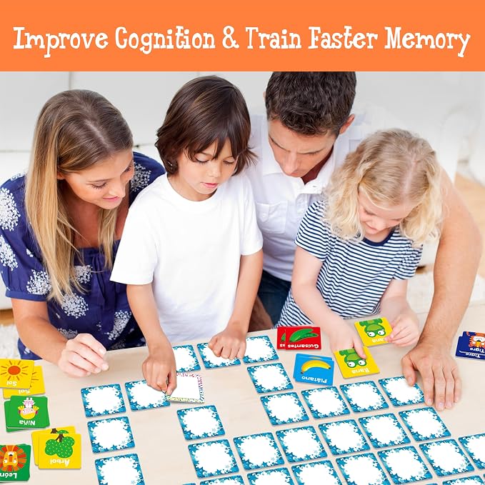 Hebayy Spanish Memory Matching Game, 72 PCS First Words Matching Cards for Toddlers, 36 Pairs Memory Cards Educational Toys Preschool Spanish Learning Activities for 4 5 6 Years Old
