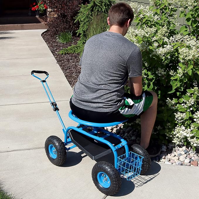 Sunnydaze Garden Seat with Wheels and Adjustable Handle, Blue | Steel Rolling Gardening Seat with Utility Tray for Storage, Rotating, Swiveling Motion