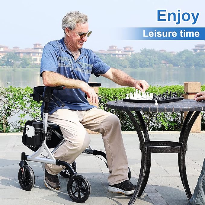 WALK MATE Rollator Walker for Seniors with Cup Holder, Upgraded Thumb Press Button for Height Adjustment, 4 x 8 Wheels Walker with Seat Padded Backrest Folding Lightweight Walking Aid, Silver