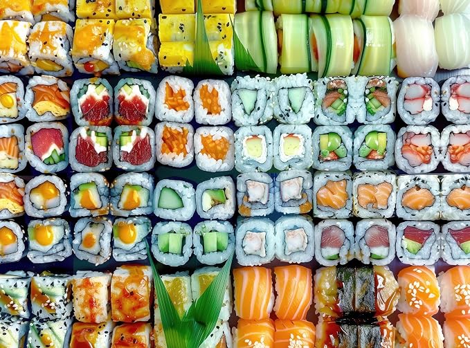 Adult Jigsaw Puzzle 1000 Piece Sushi Rolls | Challenging food puzzle. collage puzzle featuring gourmet sushi rolls — great for game nights and food lovers.