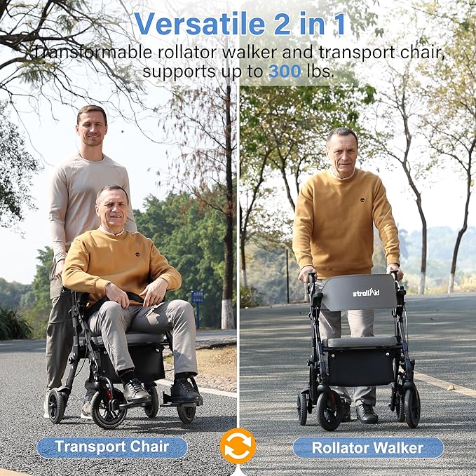Rollator Walkers for Seniors with Seat, Walker Wheelchair Combo, 2 in 1 Rolling Walker Transport Wheelchair Lightweight Foldable, 10" Big Wheels Transport Chair with Brakes,Grey