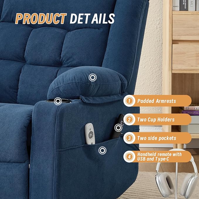 Power Lift Recliner Chair for Elderly Adults with Massage and Heat, Fabric Electric Recliner Sofa with Side Pocket, Two Cup Holders for Living Room L9912 (Navy Blue)