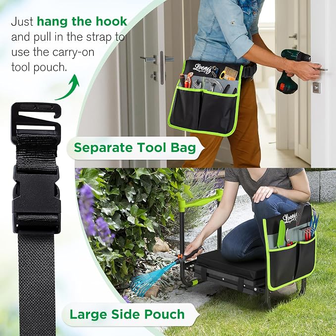 10.8” Wide Garden Kneeler and Seat, Heavy Duty Foldable Garden Stool | Included Thickened Kneeling Pad, Portable Gardening Bench Chair for Seniors & Parents with Tool Belt Pouch