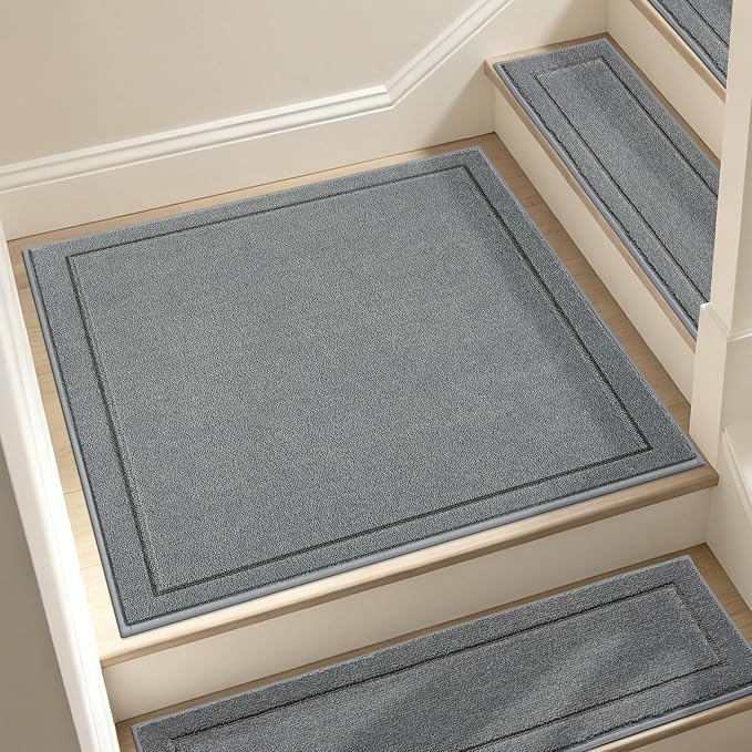JSEI Non-Slip Stair Landing Rug Mat, 1-Pack 30" X 30", Light Grey | Edging Stair Treads Corner Indoor Stair Runners for Wooden Steps for Kids and Dogs, 100% Polyester, TPE Backing