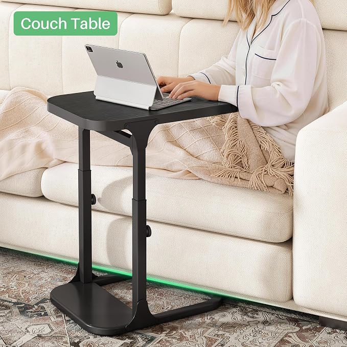 Kitstorack Height Adjustable End Table 2 Pack, Small Side Table for Couch, Sofa Table with Metal Frame for Living Room, Bedroom, Bedside C Shaped Table,Black