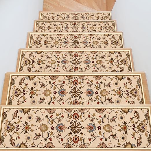Vintage Stair Treads for Wooden Steps, 15 Pack Stair Runners Non Slip Indoor 8" X 30", Washable Carpet Rugs with Silicone Backing for Kids Elders and Dogs