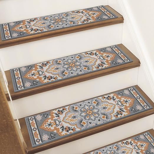 BEQHAUSE Stair Treads for Wooden Steps, 8"X30", 15pcs, Grey/Orange | Non-Slip Machine Washable Carpet Stair Treads, TPE Backing, 100% Polyester, Soft Indoor Stair Runner for Kids Elders and Pets