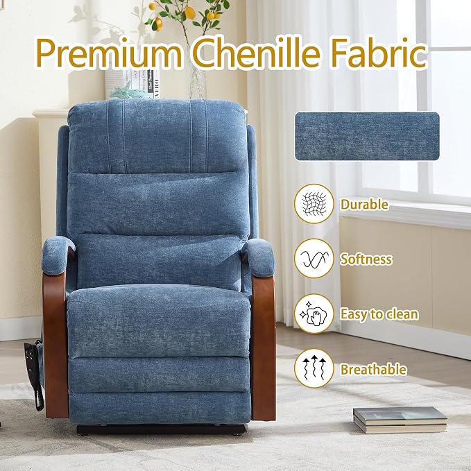 Power Lift Recliner Chair for Elderly People, Dual Motor Lift Chair with Vibration Massage and Heat, Lay Flat Recliner with Solid Wood Armrest, Standing Assistance Reclining, Chenille Fabric Blue