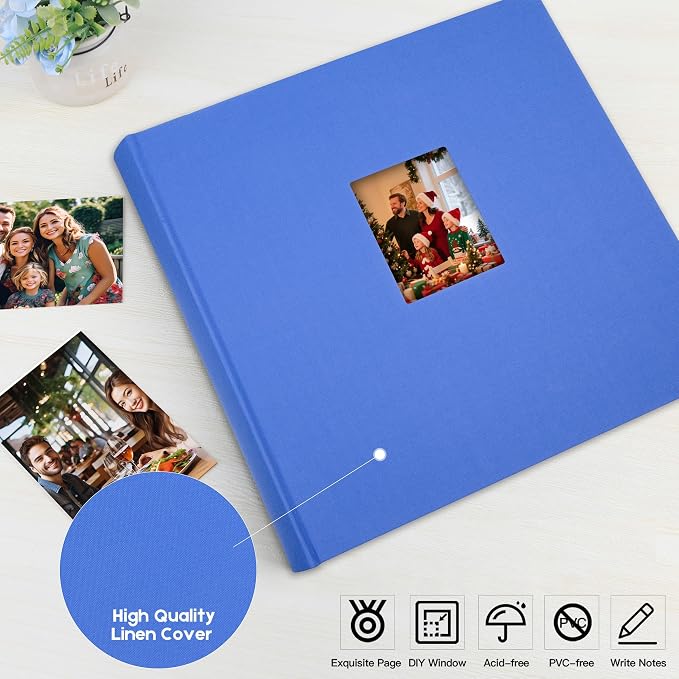 4x6 Photo Album Holds 600 Photos with Writing Space, Linen Cover Picture Book with Front Window for Family Wedding Baby Travel & Graduation Memories, Blue