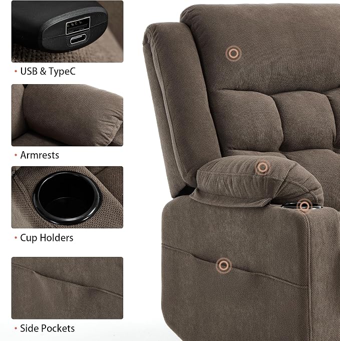 Power Lift Chair Recliners for Elderly with Heat and Massage, Recliner Chairs for Adults, Upgraded Fabric Recliner with USB & Type-C Charge Port, Cup Holders (Brown-O)