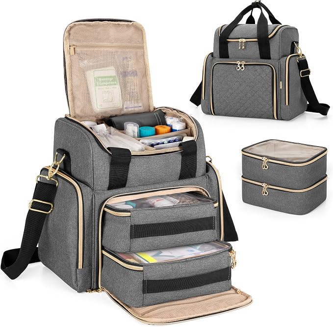 LUXJA Large Medicine Bag with 2 Removable Cases, Gray | Medicine Storage Bag with Multiple Pockets, Pill Bottle Organizer with Shoulder Strap, Trolley Sleeve for Travel or Home