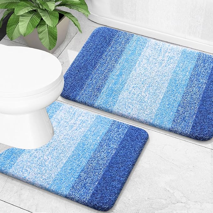 OLANLY Bathroom Rug Set 2 Piece, Soft Absorbent Microfiber Bath Mats and U-Shaped Contour Toilet Rug, Non-Slip, Machine Wash Dry, Shaggy Bath Mats for Bathroom (24"x16"+U24 x20, Light Royal Blue)