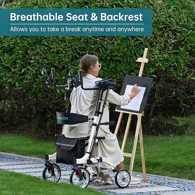 ELENKER Upright Walker, Stand Up Folding Rollator Walker Back Erect Rolling Mobility Walking Aid with Seat, Padded Armrests for Seniors and Adults, White