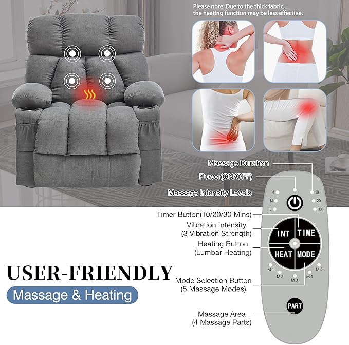 Massage Rocker Recliner Chair with Heat and Vibration Ergonomic Rocking Lounge Chair for Living Room Comfy Overstuffed Recliner with 4 Side Pockets,2 Cup Holders, USB Charge Port, Grey