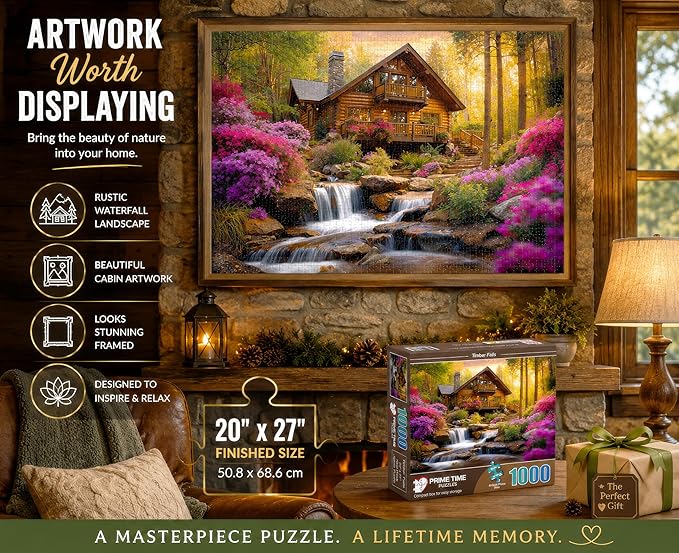 Adult Jigsaw Puzzle Mountain Cabin Waterfall | 1000-piece nature landscape photograph set in a forest. 20x27. Great for game nights on a table, puzzleboard, or floor.