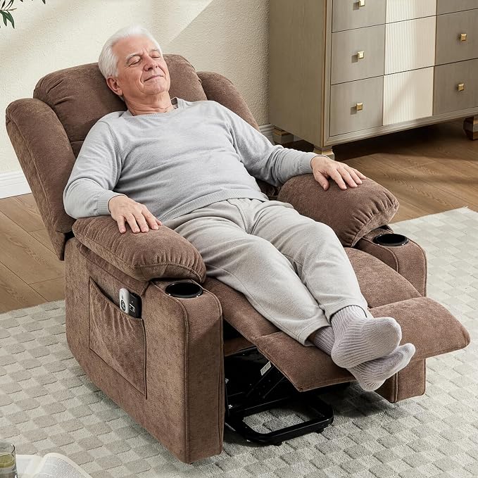 Power Lift Recliner for Elderly,Electric Recliner Chair with Massage & Heating for Adults, USB Charging, Cup Holders, Side Pocket, Living Room Sofa L1288 (Brown)