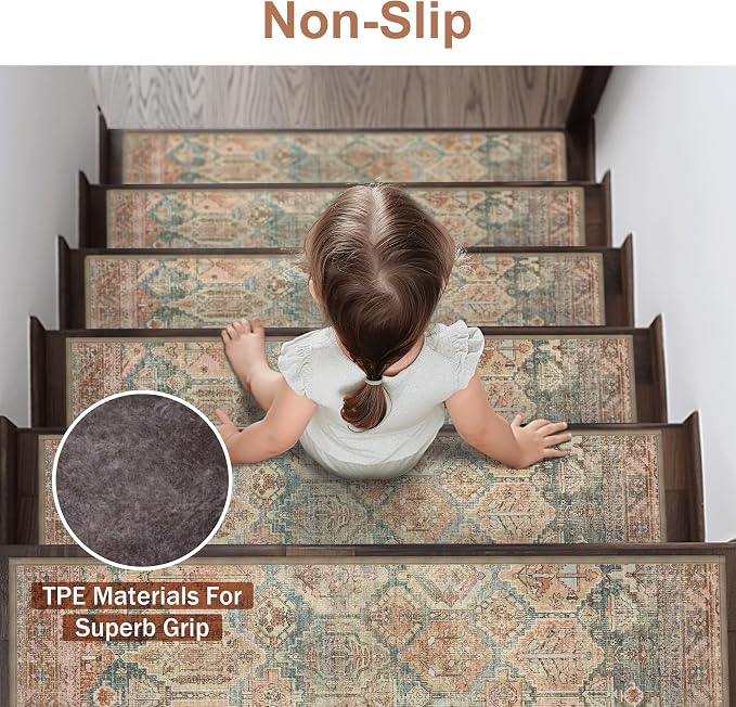 sarben 8"x30" Non Slip Stair Treads for Wooden Steps 15 Pack,Cedarwood Sage | Peel and Stick Carpet Stair Runner with TPE Adhesive Backing, Carpet for Added Safety, Pet and Senior Friendly