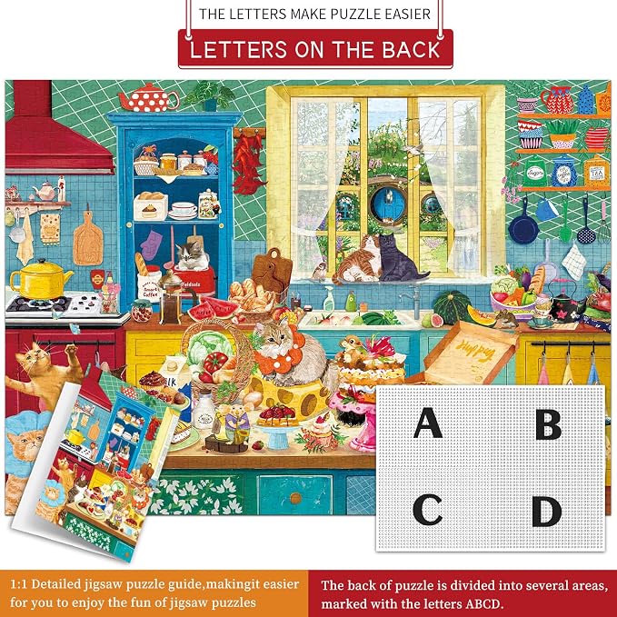 1000 piece Puzzle for Adults,Kitchen Jigsaw Puzzle 1000 Pieces for Adults,Challenging Family Games Holiday Party Gifts -1:1 Poster Interlock Perfectly Letter on Back-Cat Kitchen