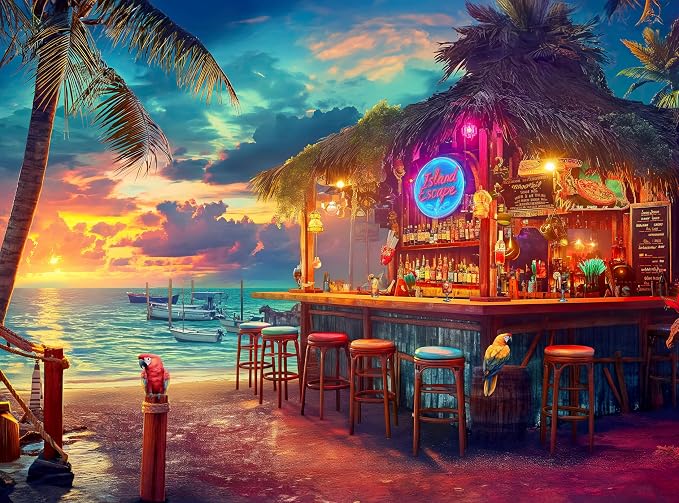 Adult Jigsaw Puzzle Beach Bar at Sunset 1000 | Island Escape. Challenging 1000-piece design. Great for game nights on a table, puzzleboard, or floor.