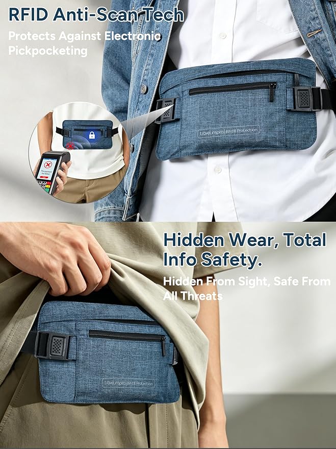 RFID Hidden Money Belt for Travel - Slim Anti Theft Pouch, Adjustable Strap | 2 RFID pockets for cash, ID, and passport, skin-friendly slim belt design moisture-wicking fit hidden under clothes
