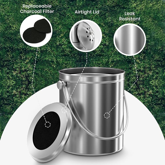 Utopia Kitchen Countertop Compost Bin 1.3 Gallon, Stainless Steel, Silver | Odorless countertop compost bin with charcoal filter, ideal for food scraps and waste