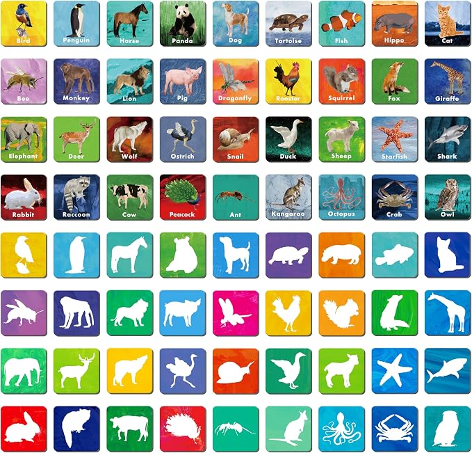 Hebayy 108 PCS Memory Matching Game, 72 Animal Cards & 36 Shadow Cards Matching Cards 36 Pairs Real Animal for Toddlers, Preschool, Kids 4 5 6 Years Old (2” x 2”)