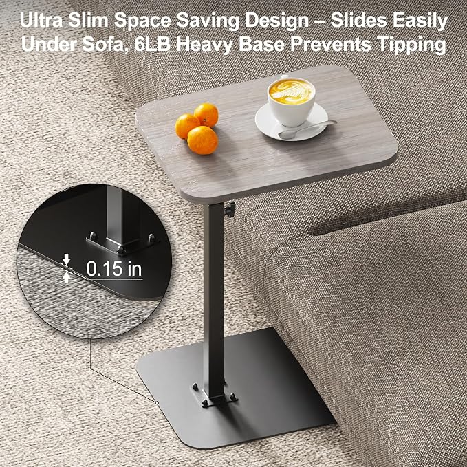 Side Table Sofa Tray for Couch Heavy Metal Base Swivel/Adjustable Height | Sofa Bed Bathroom Study TV Tray C Shaped End Table Food Snack Trays for Eating