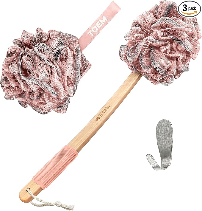 Toem® Loofah Back Scrubber for Shower | Bamboo Charcoal | Long Handle | Luffa & loofa for men & women | Bath sponge | Kit: long-handled scrubber + pouf + hook | Body wash scrub stick | Rose Pink
