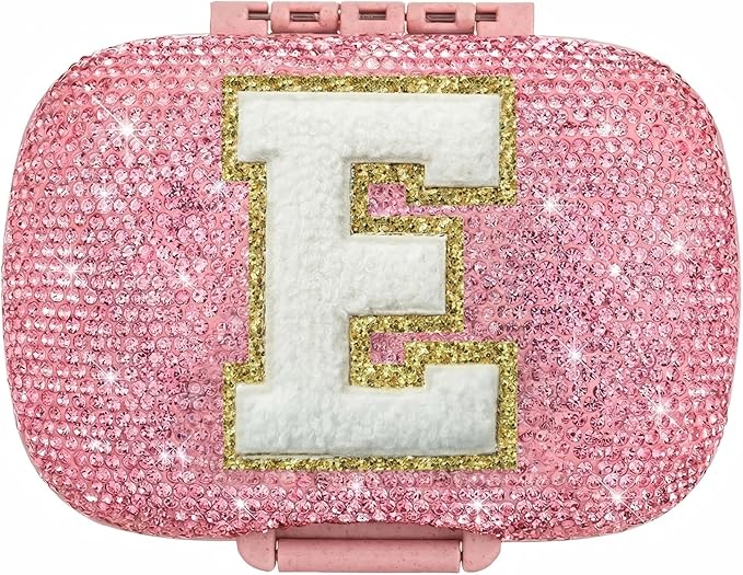 Cute Pill Organizer Small Bling Pill Case for Purse Medicine Vitamin Container Holder Daily Pill Box Container for Women Travel Medicine Kit(Letter E Pink)