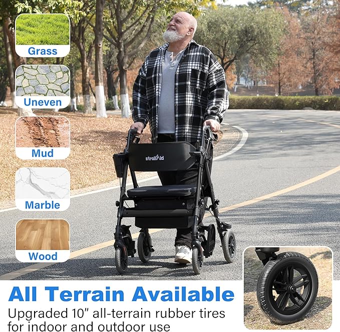 Walkers for Seniors,Heavy Duty Rollator Walker Wheelchair Combo, 2 in 1 Rollator Transport Chair with Brakes, 450 lb Rolling Walker 10" Big Wheels for All Terrain, Black